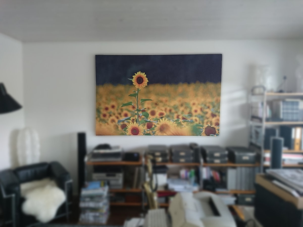 Finally, my first big poster is ready for a first test on the wall. Some final adjusting still necessary. 
lessons learned: 	2.2x1.4 meter prints from Aliexpress are ok, next time spend more time for a wrinklefree shipping (CHF 20. http://www.b2s.pm/kcz7sC