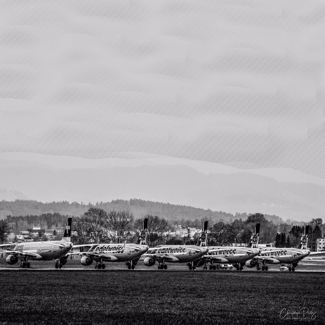 The Corona grounding of 19 Swiss and Edelweiss planes on their hopefully temporary parking on Dübendorf Airfield.